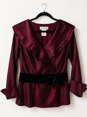 Jackie Jon Deep Wine Satin Wrap Blouse with Black Velvet Belt